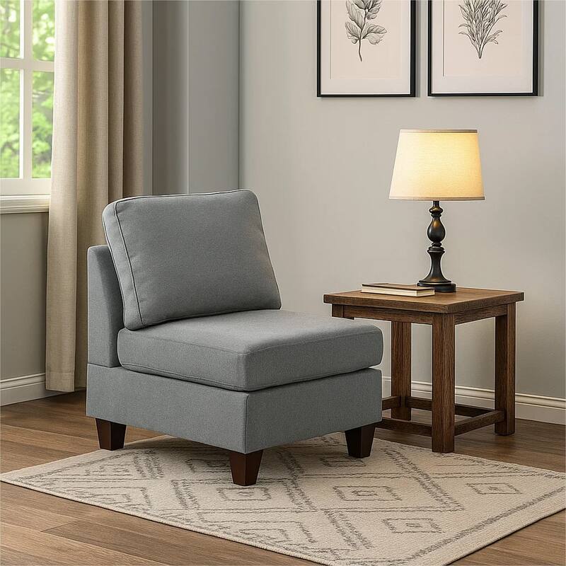 Remy 32 Inch Modular Armless Sofa Chair, Soft Gray Chenille, Solid Wood