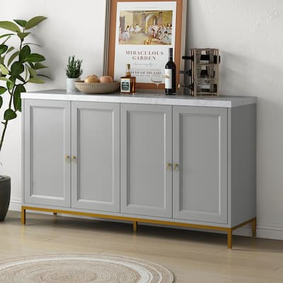 59" Modern Sideboard Buffet Cabinet with 4 Doors & Metal Legs, Faux Marble Coffee Bar Cabinet Buffet Table for Living Room