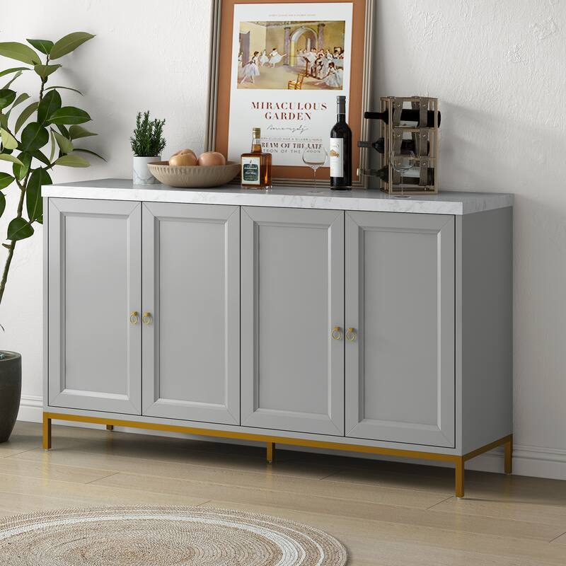Light Gray Buffet Cabinet Sideboard Faux Marble Table Top Console Table
