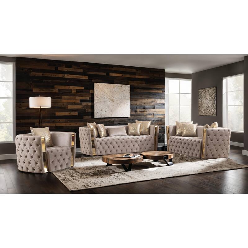 Naomi Button Tufted 2PC / 3PC Sofa Set with Velvet Fabric and Gold Accent - Taupe - 3 Piece