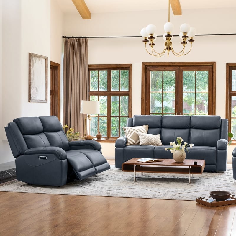Spruce & Spring Hadlee Genuine leather Reclining Sofa with Multi-Function Console. - 3PC - Navy