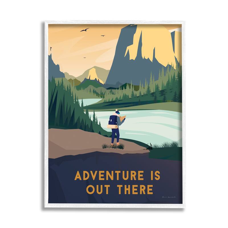 Stupell Adventure Quote Mountain Canyon Hiking Person Illustration Framed Wall Art - Yellow - 24 x 30 - White