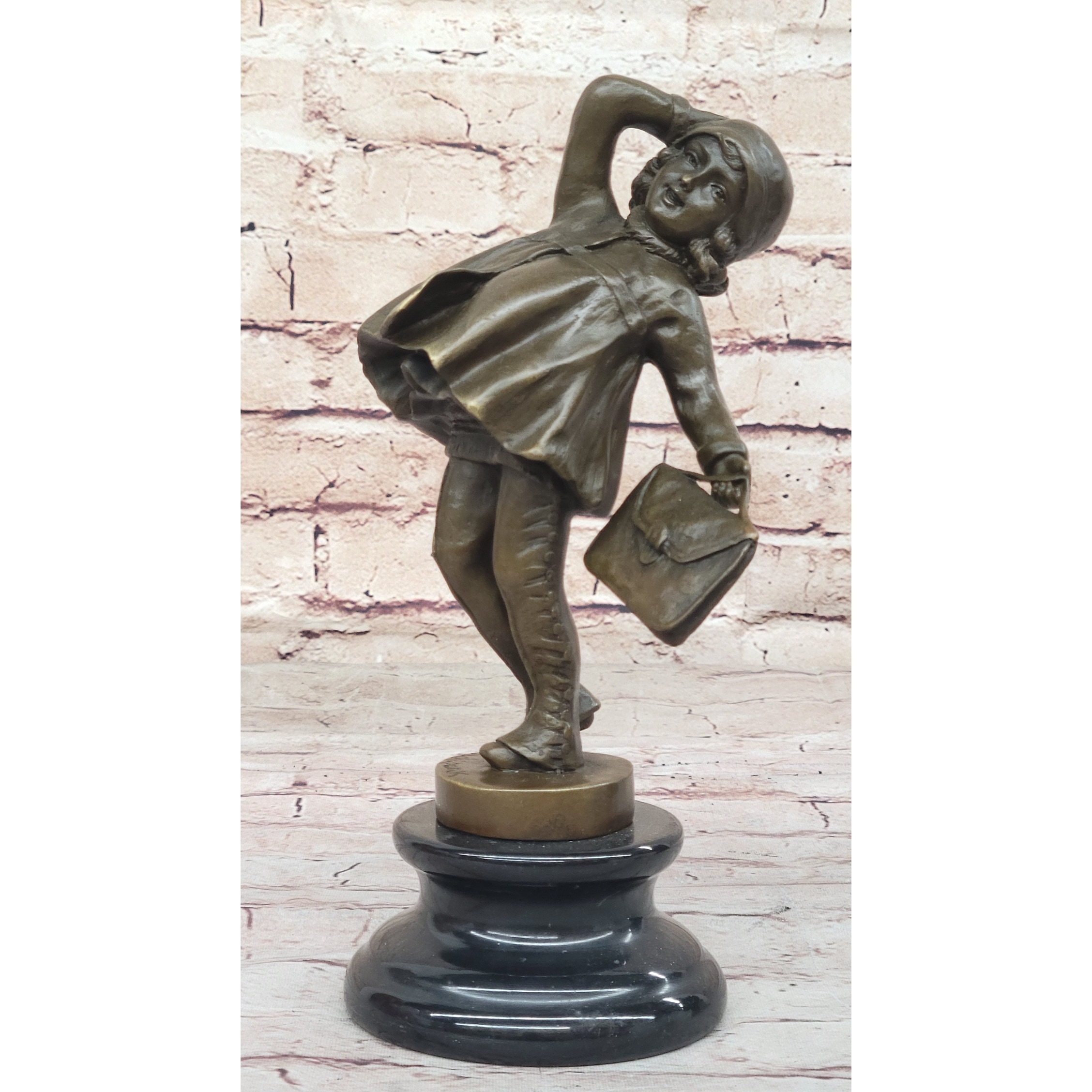 Young Girl Child Going To School W/ Book Bag - Bronze Sculpture On Marble Base