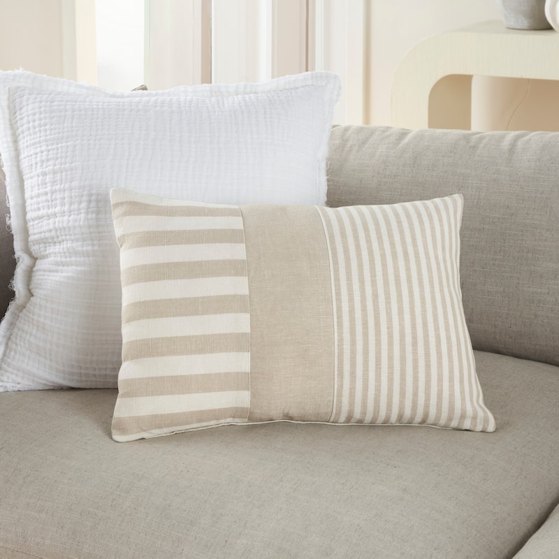 Mina Victory Lifestyle Cot Linen Blk Strps 14" x 20" Beige Indoor Throw Pillow