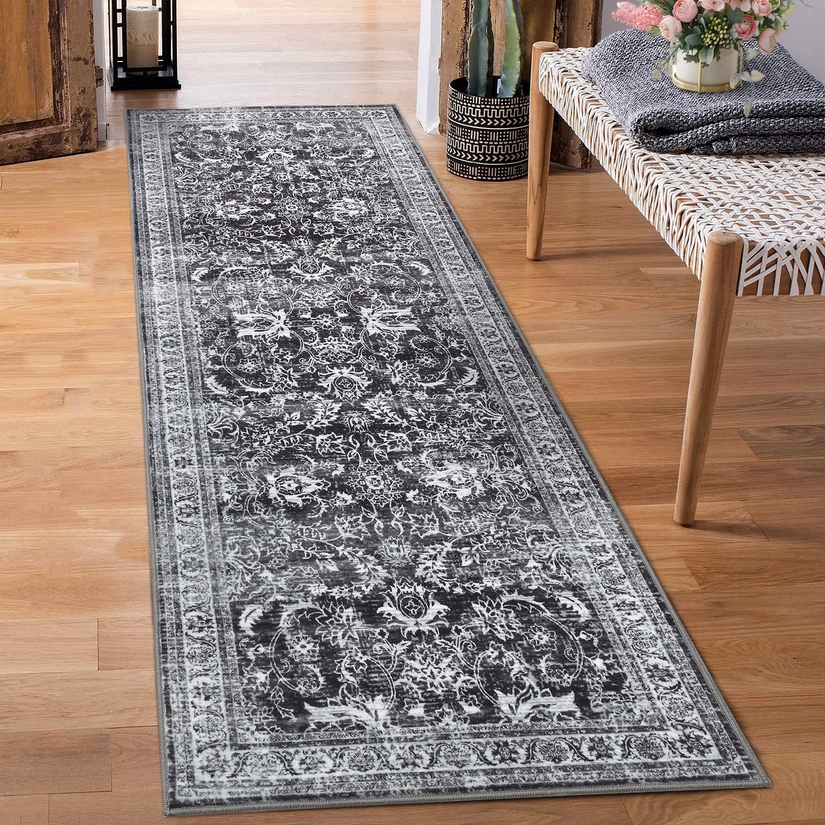 Garvee Distressed Floral Thin Boho Traditional Washable Area Rug
