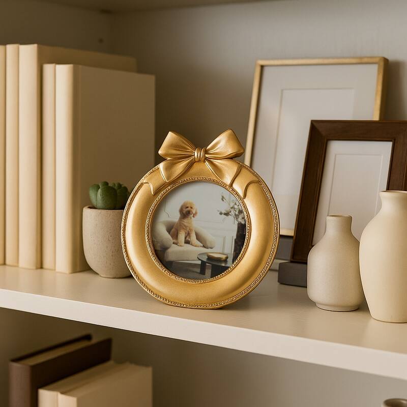 Gold 4x4 in. Polyresin Glam Round Photo Frame with Bow