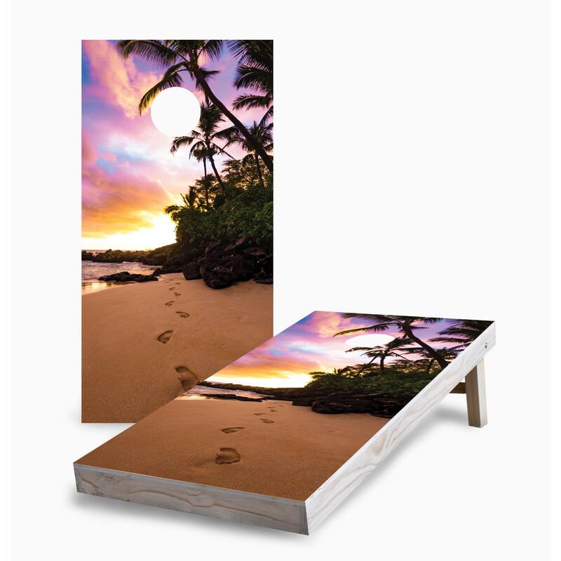 Sunset Footprints on the Beach Corn Hole Board Set w Case & Lights - 16 Years and Up