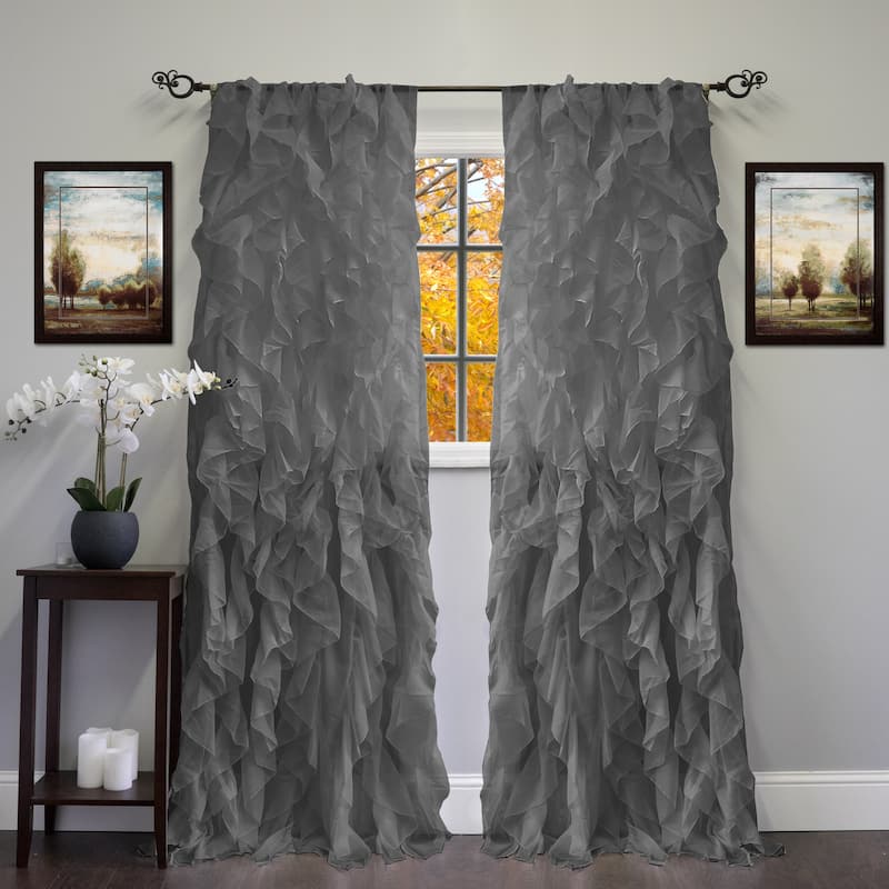 Sweet Home Collection Chic Sheer Voile Vertical Ruffled Tier Window Single Panel Curtain - 108" Long - Grey