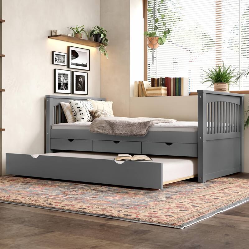 Roomfitters Platform Daybed with Trundle and Drawers, Solid Wood Bed Frame for Guest Rooms - Grey