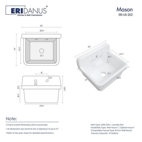 Eridanus Mason 24-inch Vitreous China Wall Mount Laundry Tub Utility Sink