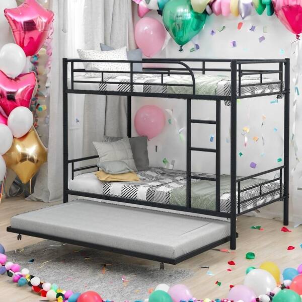 slide 2 of 20, Twin-Over-Twin Metal Bunk Bed With Trundle,Can be Divided into two beds,No Box Spring needed,Ultimate Space Saver Black