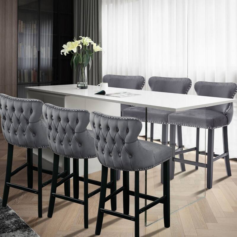 Button Tufted Velvet Wing-Back Barstools Set of 4