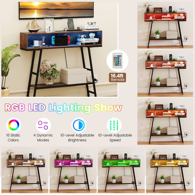 Gymax 40'' Console Table w/ Power Strip 3-Tier Entryway Table w/ RGB