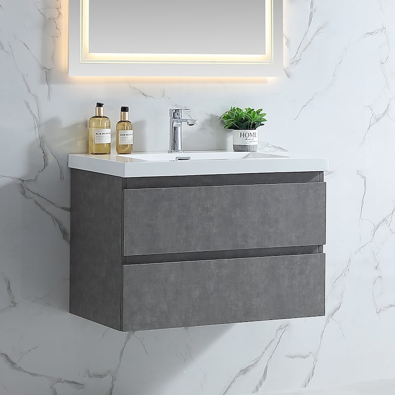 Floating Bathroom Vanity 24"-48" – Cement Gray Finish, White Integrated Sink