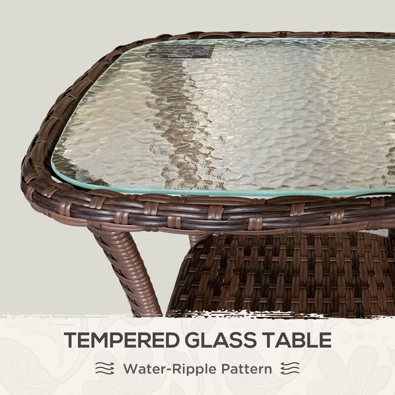 Outdoor Rattan Coffee Table with Storage Shelf, Wicker Side Table with Glass Top