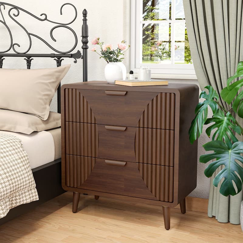 SUNBURY Solid Wood Brown Nightstand with 3-Drawers