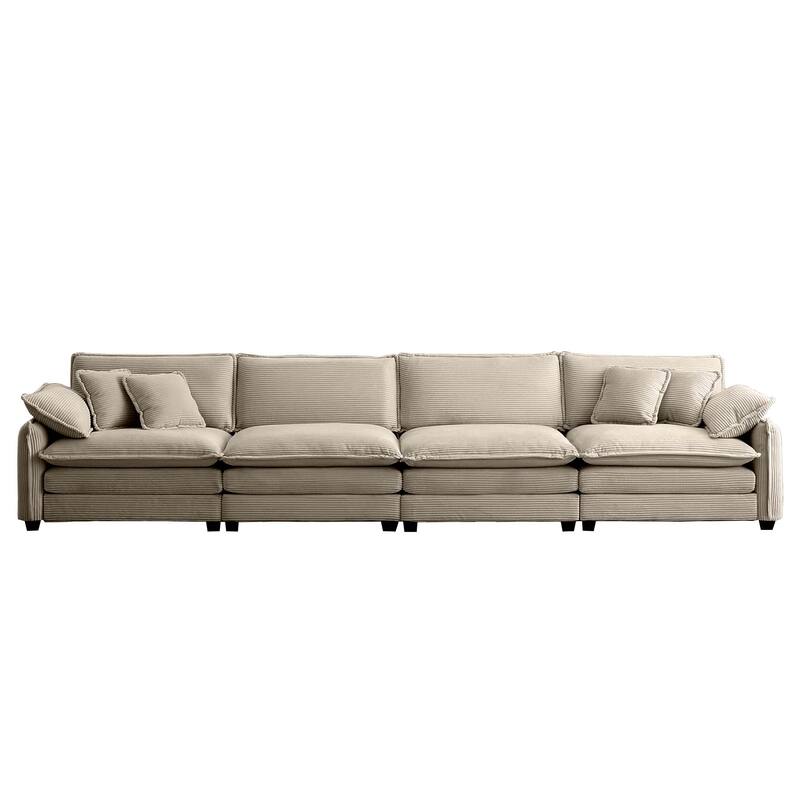 Ergonomic 4 Seater Corduroy Upholstered Sectional Sofa with Pillows - Tan