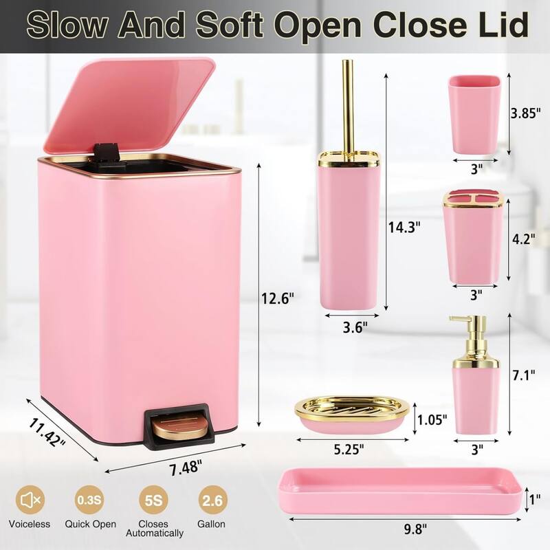 8-piece bathroom set with stainless steel trash can, toilet brush, toothbrush set, soap dispenser