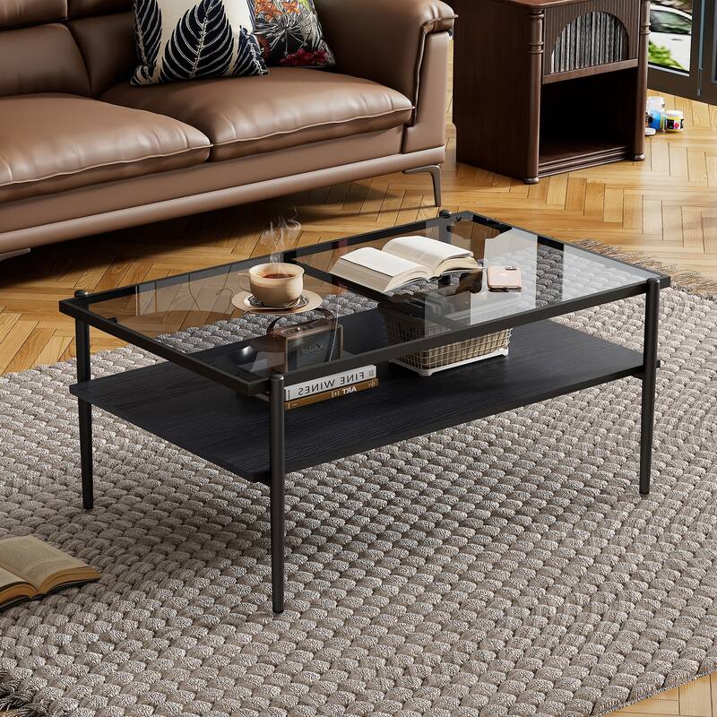 Rectangle Coffee Table with Gray Tempered Glass top and White Legs