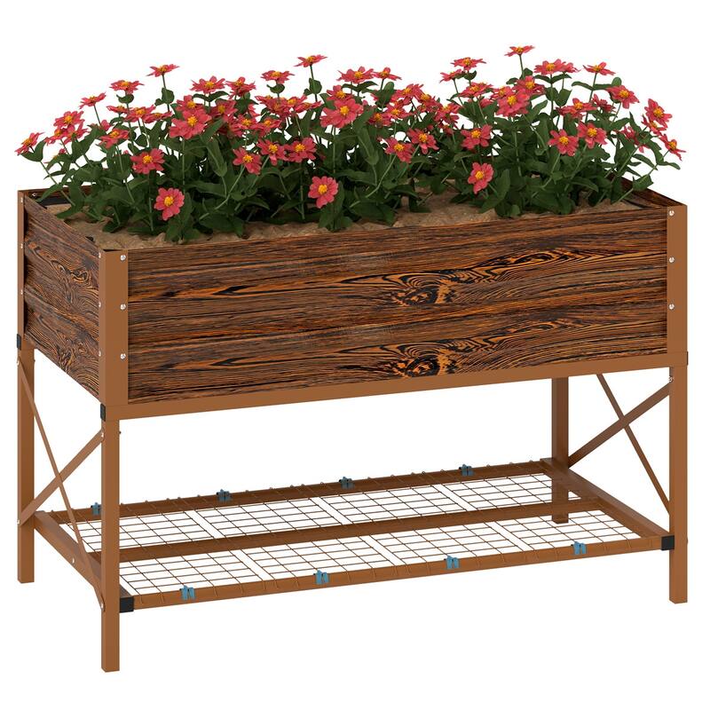 Galvanized Steel Elevated Raised Garden Planter with Storage Shelf - 41.75" L x 21.25" W x 30" H - Dark Brown