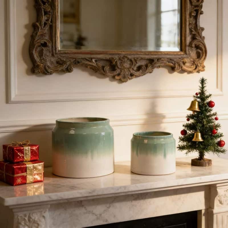 Handmade Ceramic Planter Set of 2, 8.5" & 6" Diameter, Green-White Ombre Glaze, for Aquatic Plants Indoor/Outdoor Shelf - White+Green