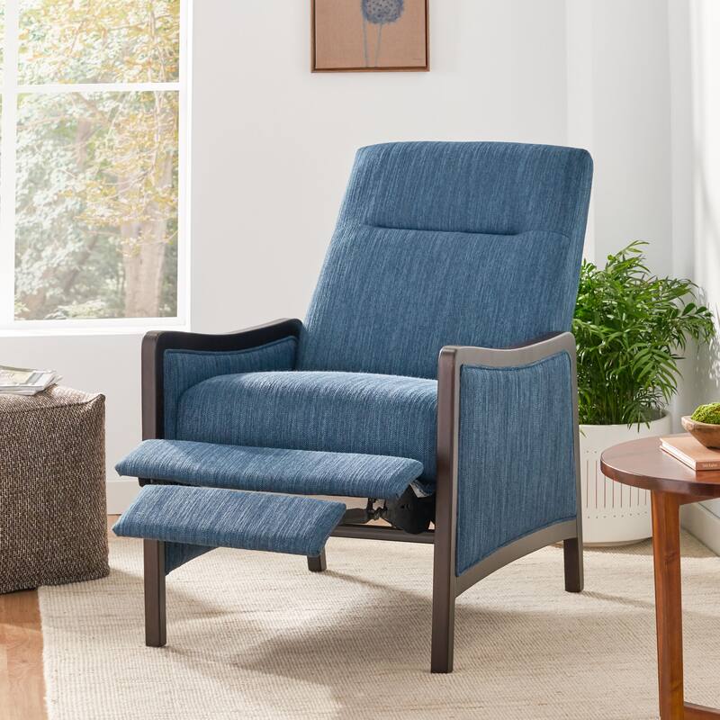 Navy Blue Mid-Century Upholstered Push-Back Recliner with Footrest and Birch Wood Frame