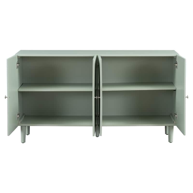 Elegant Four-Door Sideboard with Wavy Pattern Doors, Cylindrical Legs, and Sleek Metal Handles
