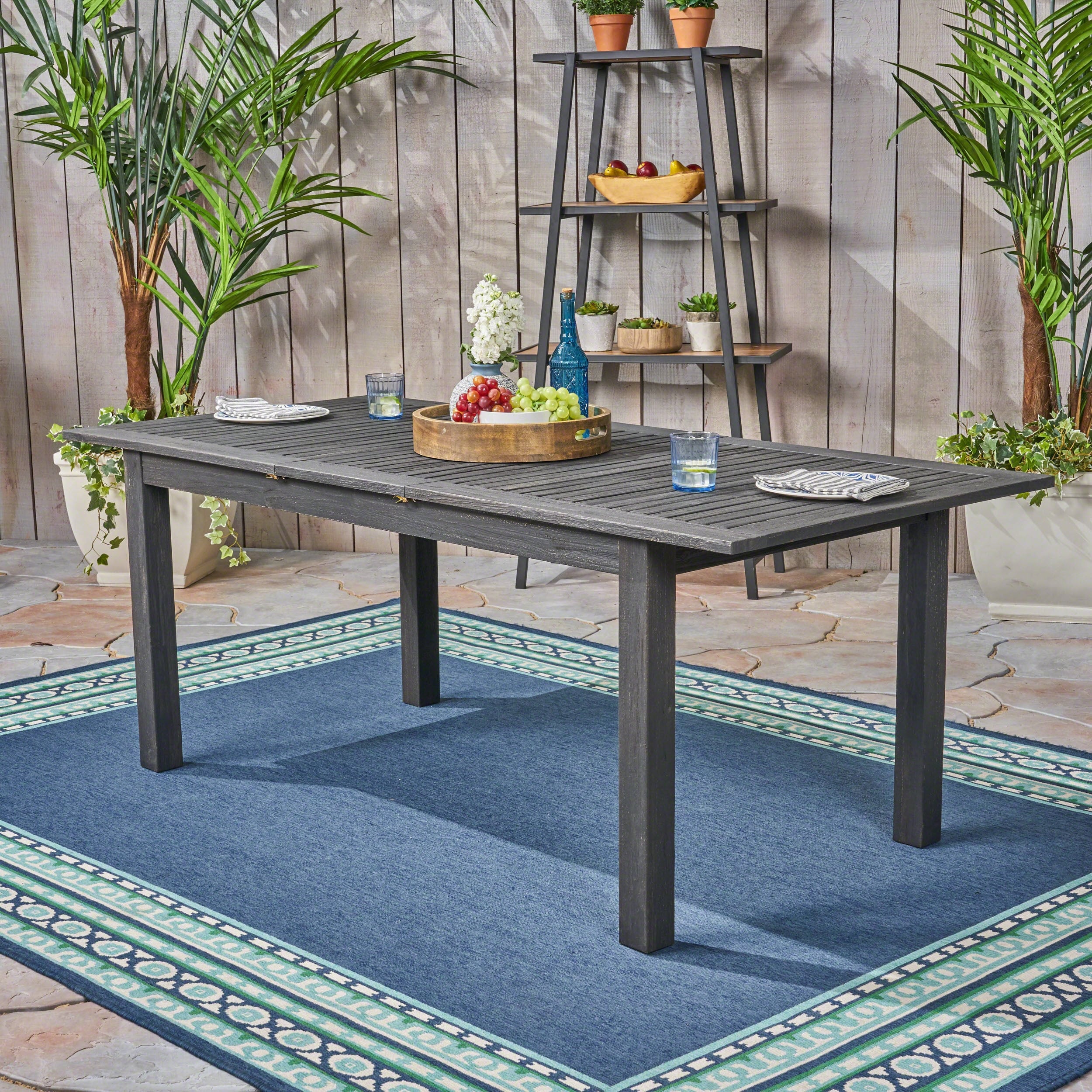 Outdoor Expandable Acacia Wood Dining Table, Dark Grey