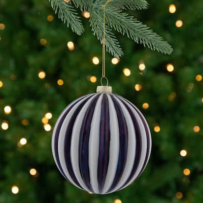 4" Blue and White Striped Glass Christmas Ornament