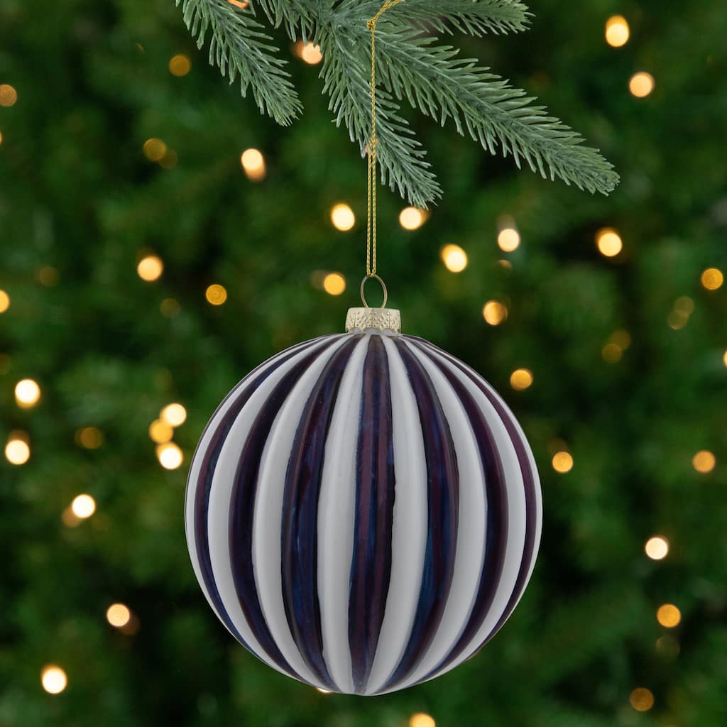 4" Blue and White Striped Glass Christmas Ornament