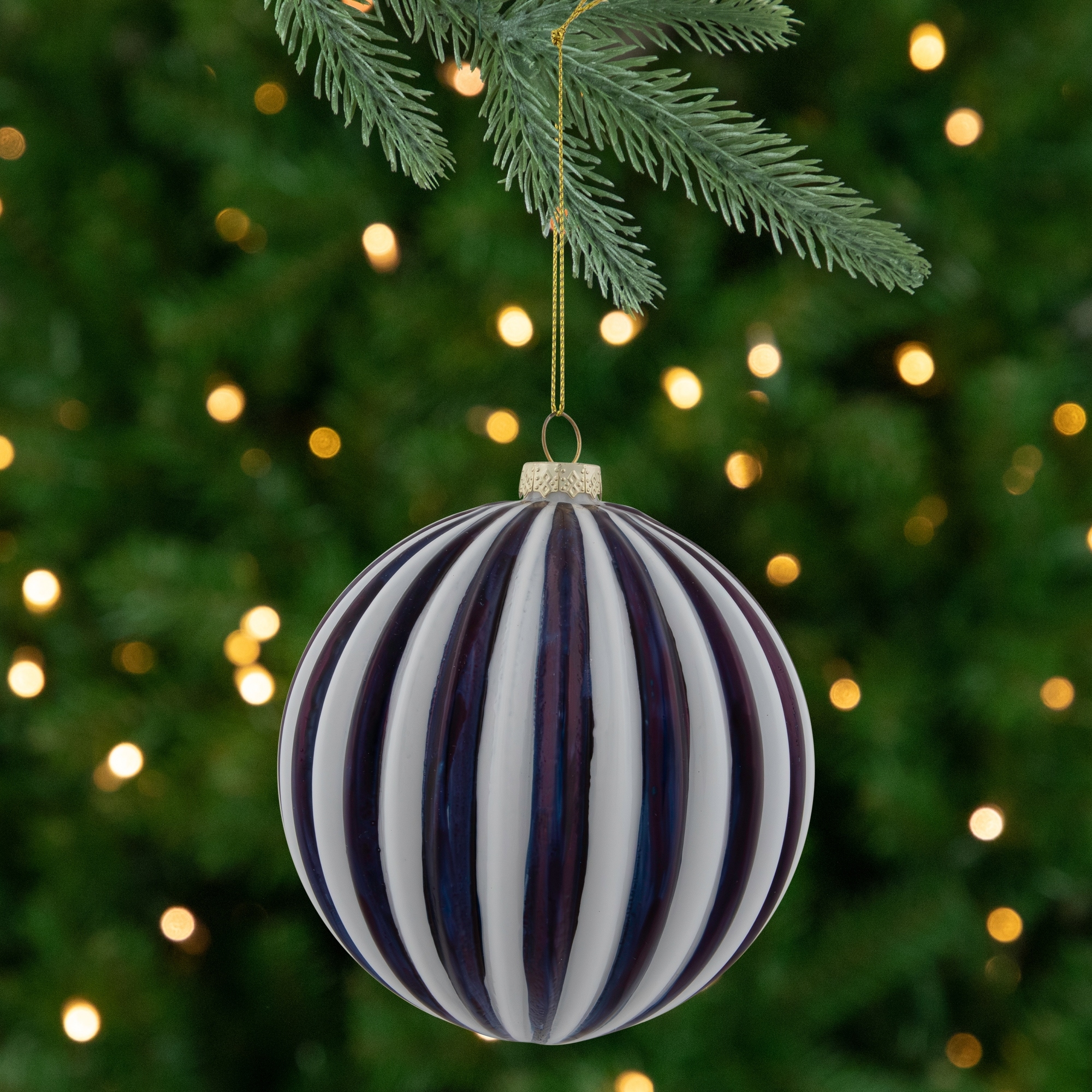 4" Blue and White Striped Glass Christmas Ornament