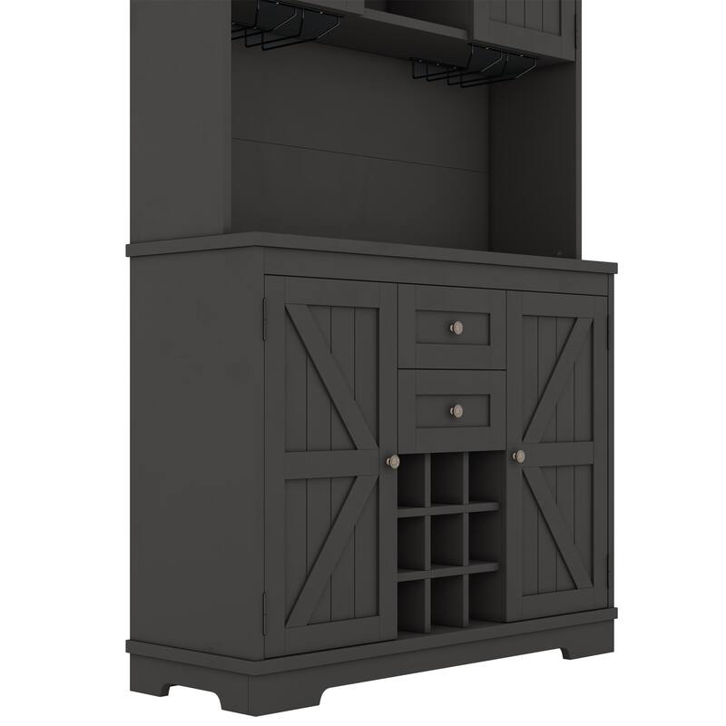 Roomfitters Farmhouse Coffee Bar Cabinet with Wine Storage, Buffet Sideboard with Glass Racks and Shelves