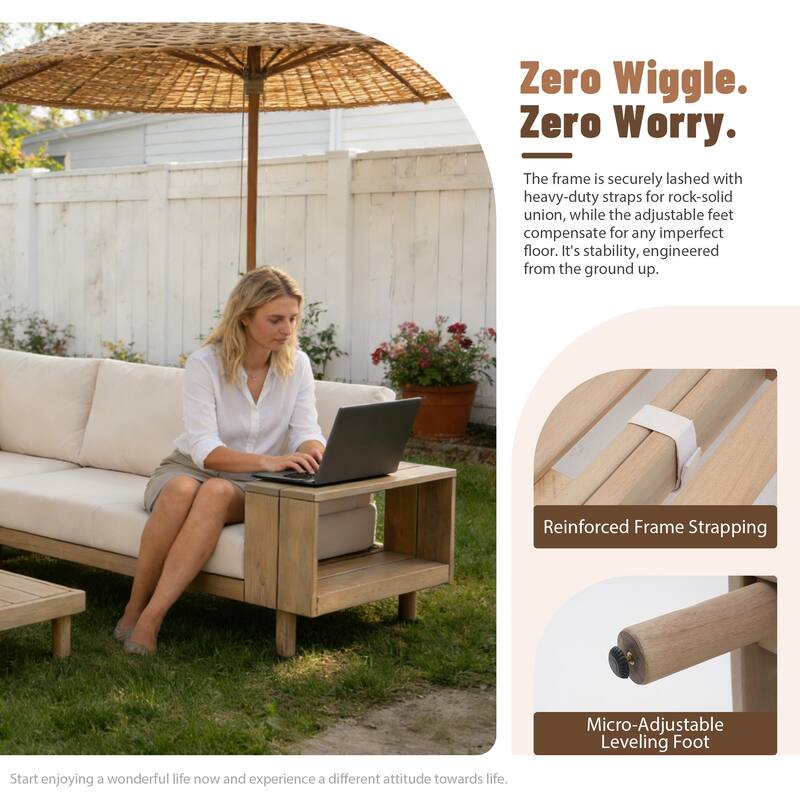 Outdoor 4-Piece Conversation Set Solid Eucalyptus Wood L-Shaped Sectional Sofa with Coffee Table