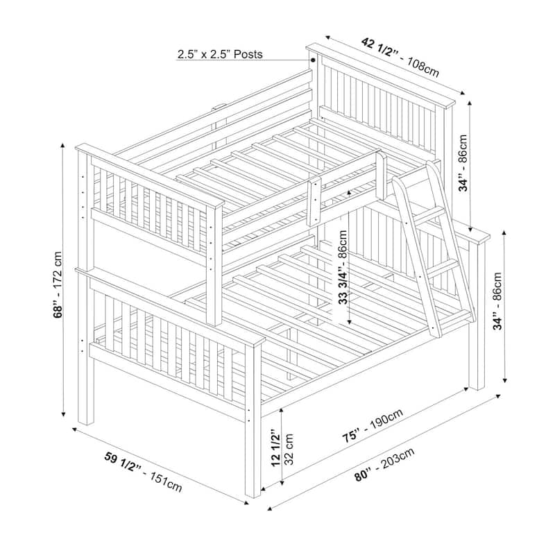 100% Solid Wood Mission Twin Over Full Bunk Bed by Palace Imports