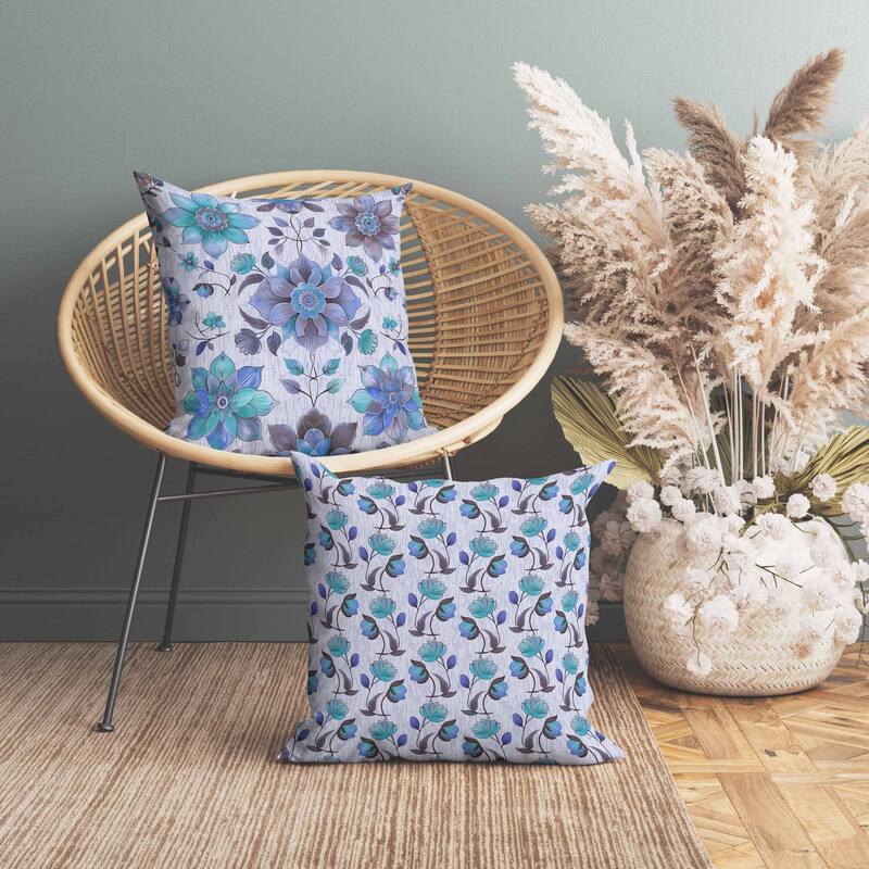 Retro Floral Indoor/Outdoor Reversible Throw Pillow Blue and Violet