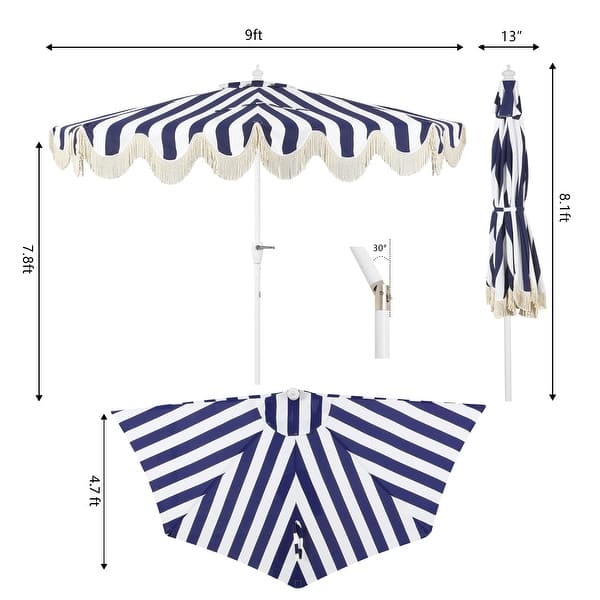 dimension image slide 0 of 12, 9ft Half Market Umbrella, Scalloped, Crank, Tilt, UV, by JONATHAN Y