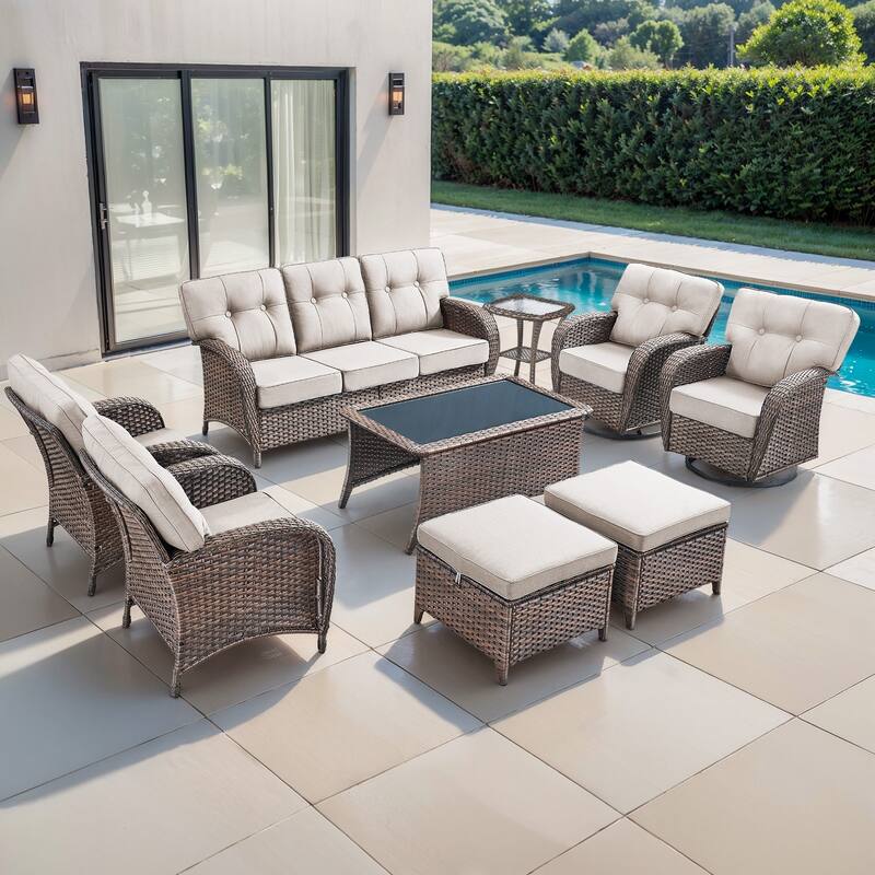 TWrap 9-Piece Patio Brown Wicker Sofa Conversation Set with 5-Inch Thick Cushions