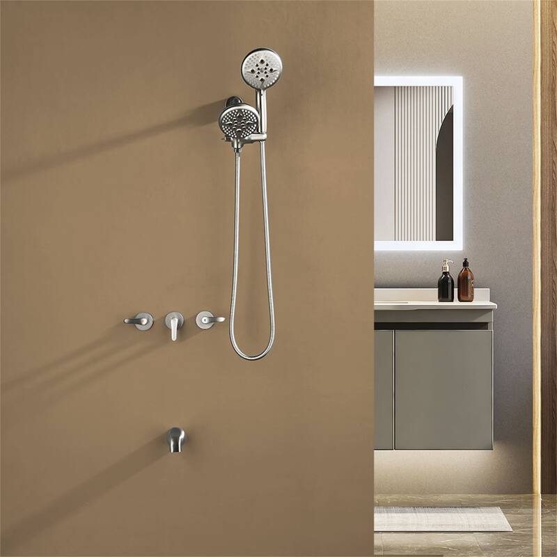 Wall Mount Dual Head Tub and Shower Faucet Brushed Nickel Complete Shower System Trim Kit Wth Rough-in Valve