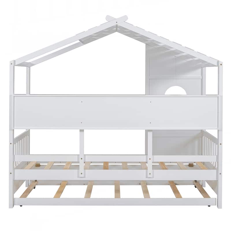 Wooden Twin Size House Bed With Trundle, Modern Design for Kids with Storage Shlef