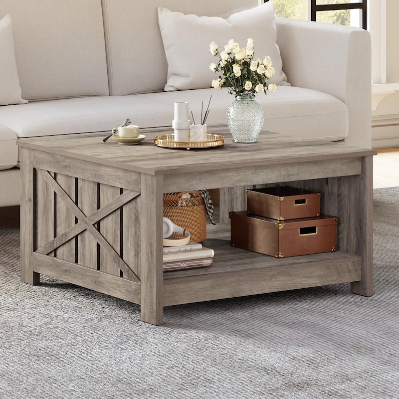 Modern Rustic Square Wood Coffee Table with Storage - Rustic Grey