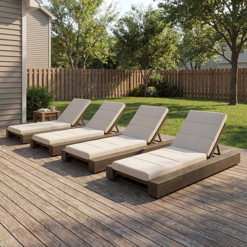 Christopher Knight Home - Amedea Outdoor Acacia Wood Chaise Lounge with Adjustable Backrest & Water-Resistant Cushion - Set of 4-Beige+Grey Finish