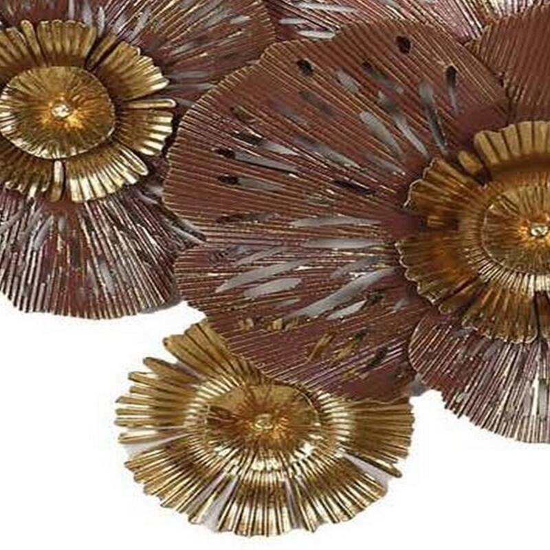 45 Inch Hanging Wall Art Decor, 3D Multiple Flowers, Metal, Brown, Gold