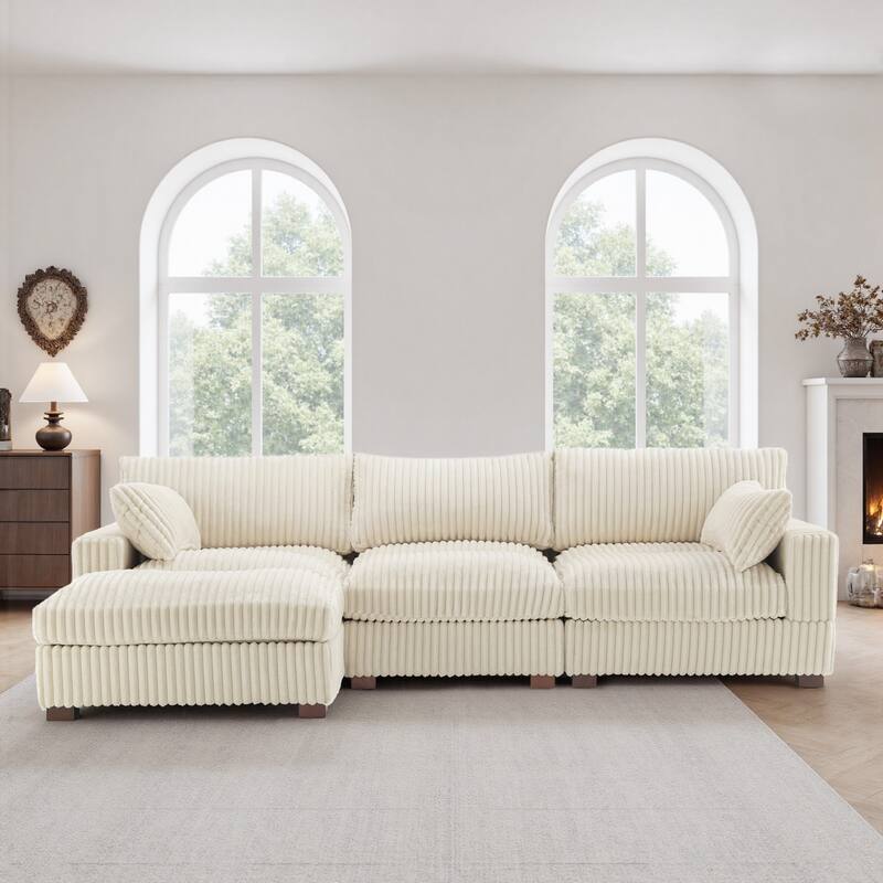 Plush Corduroy Upholstered Modular Sectional Sofa with Chaise
