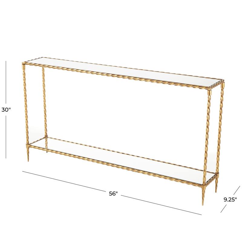 Metal Twisted Rope Inspired Console Table with Mirrored Glass Top and Shelf - Gold - Roche River Decor