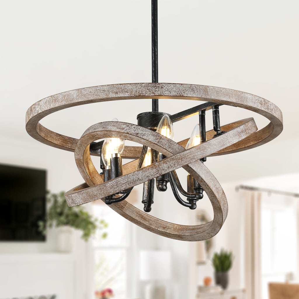 Oaks Aura Wooden Chandelier,Farmhouse Wood Pendant Light,Caged Light Height Adjustable Hanging Lamp for Living Room,Dining Room