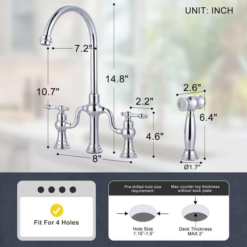 WOWOW Double Handle High Arc Bridge Kitchen Faucet with Side Sprayer