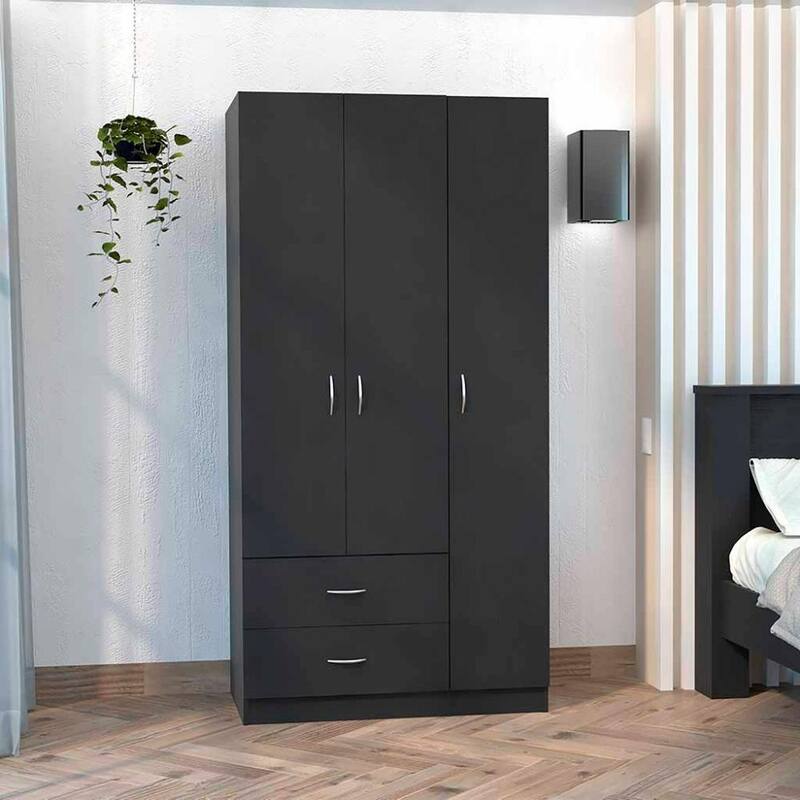 35.4" Modern Three-door Armoire with Hanging Rod, 5 Tall Spacious Shelves and Two Drawers