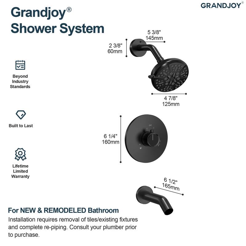 GRANDJOY 2-Function Shower System 5" High Pressure Shower Head and Tub Spout with Valve