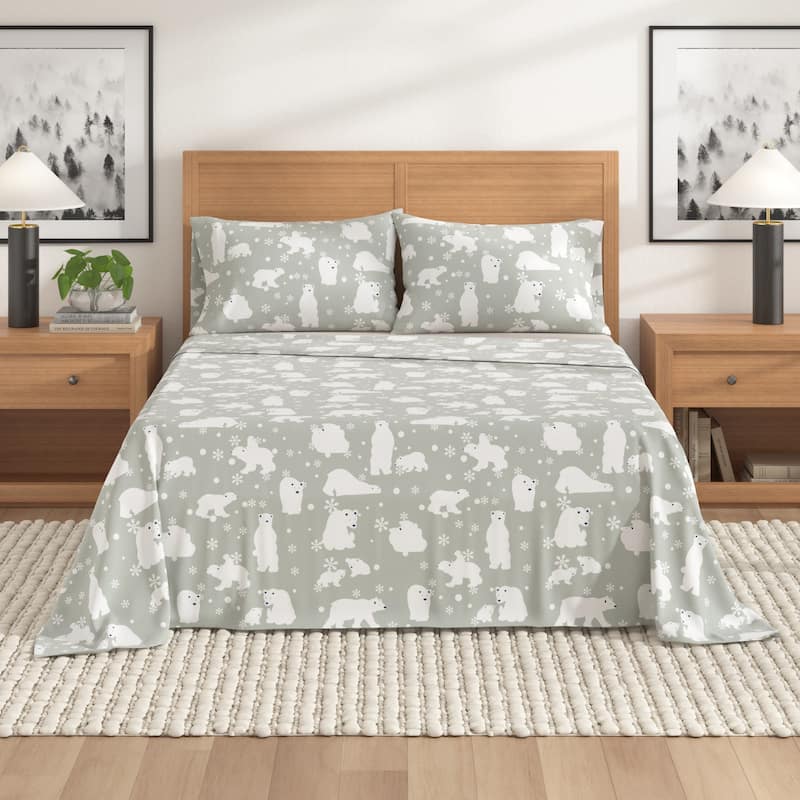 Linery & Co. Turkish Cotton Double-Brushed Christmas Flannel Bed Sheet Set - California King - Grey Polar Bears
