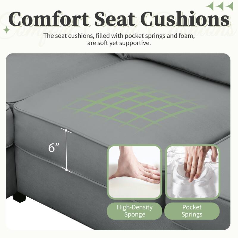 Modular Sectional Sofa with Removable Ottoman, 7 Seats Corner Sectional Sofa, L Shape Fabric Upholstered Sofa with 3 Pillows